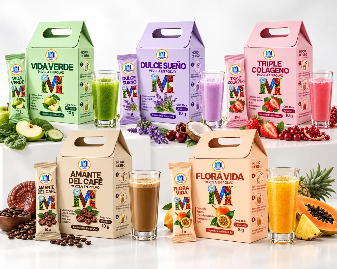 Vida Verde, Dulce Sueño, Triple Colágeno, Amante del Café y Flora Vida de Multinacional Muñoz sobre pedestales de mármol