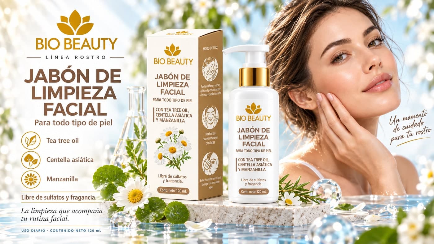 Ficha del Jabón de limpieza facial de Bio Beauty, con tea tree oil, centella asiática y manzanilla, para todo tipo de piel