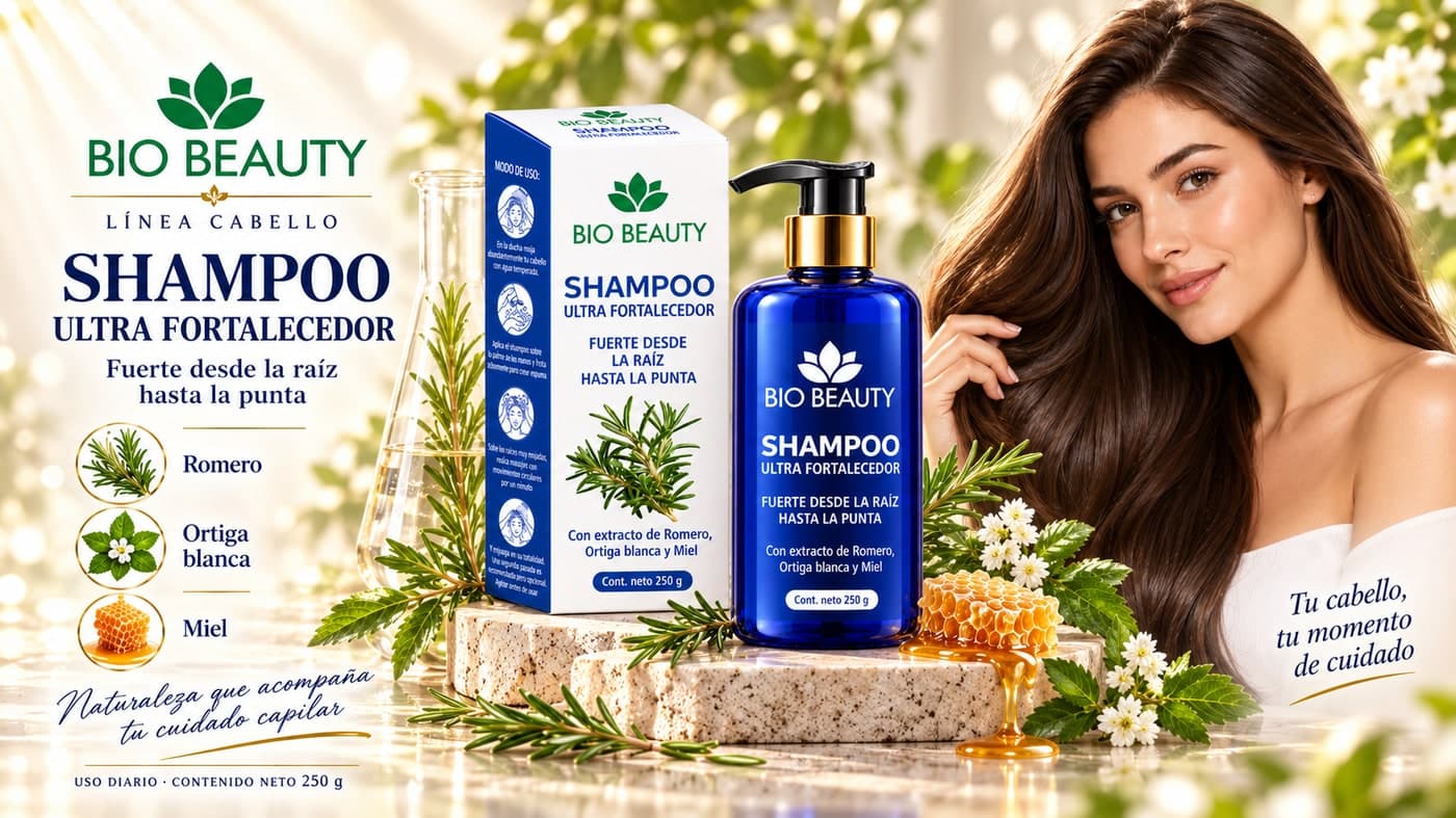 Ficha del Shampoo Ultra Fortalecedor con romero, ortiga blanca y miel, contenido neto 250 g