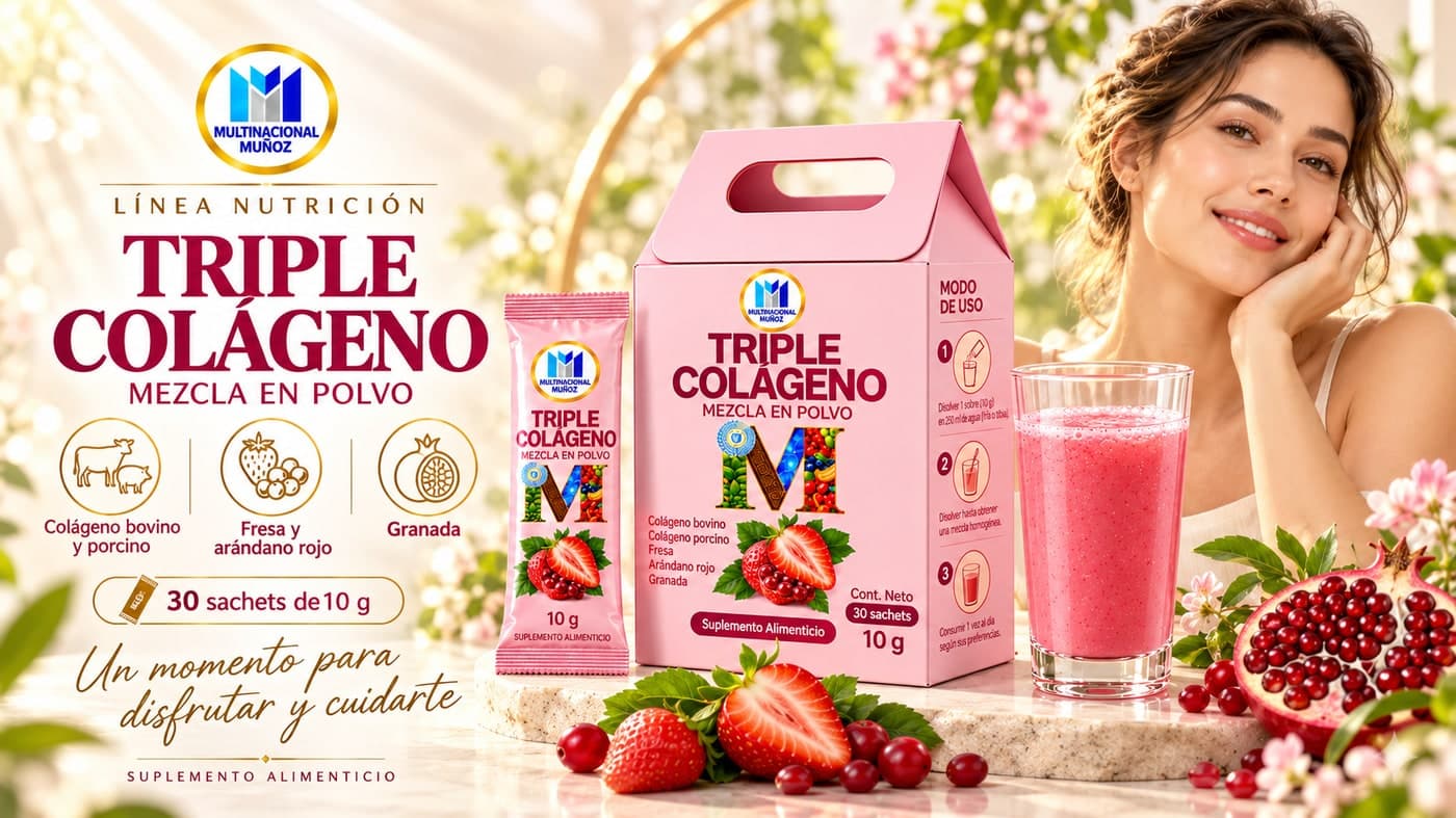 Ficha de Triple Colágeno: colágeno bovino y porcino, fresa, arándano rojo y granada, 30 sachets de 10 g