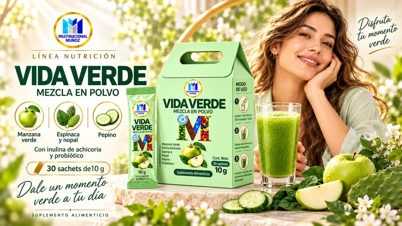Ficha de Vida Verde: mezcla en polvo con manzana verde, espinaca y nopal, con inulina de achicoria y probiótico