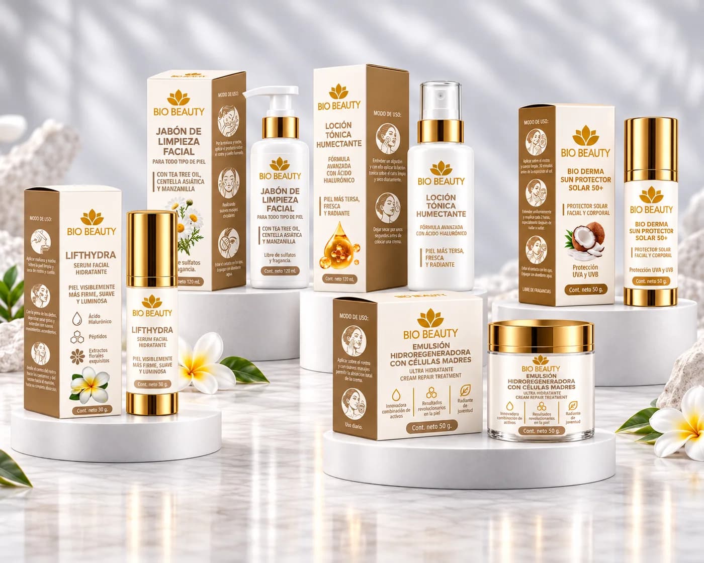 Bio Derma, Lifhtydra, loción tónica, emulsión y jabón facial de Bio Beauty sobre pedestales de mármol